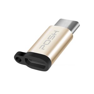 Adaptador Posher Micro USB para USB C em metal com cordao para cabo USB Dourado