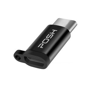 Adaptador Posher Micro USB para USB C em metal com cordao para cabo USB Preto