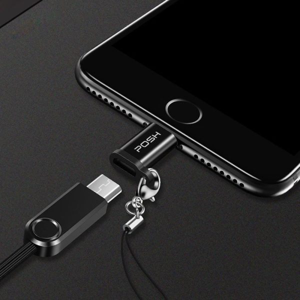 Adaptador Conversor Lightning Micro USB com Chaveiro Carrega e Transfere Dados Posher Preto